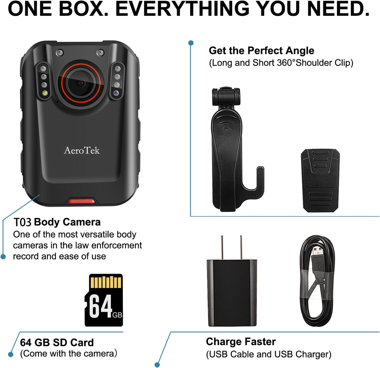 AeroTeK T03 2K Body Camera with 64GB Micro SD Card